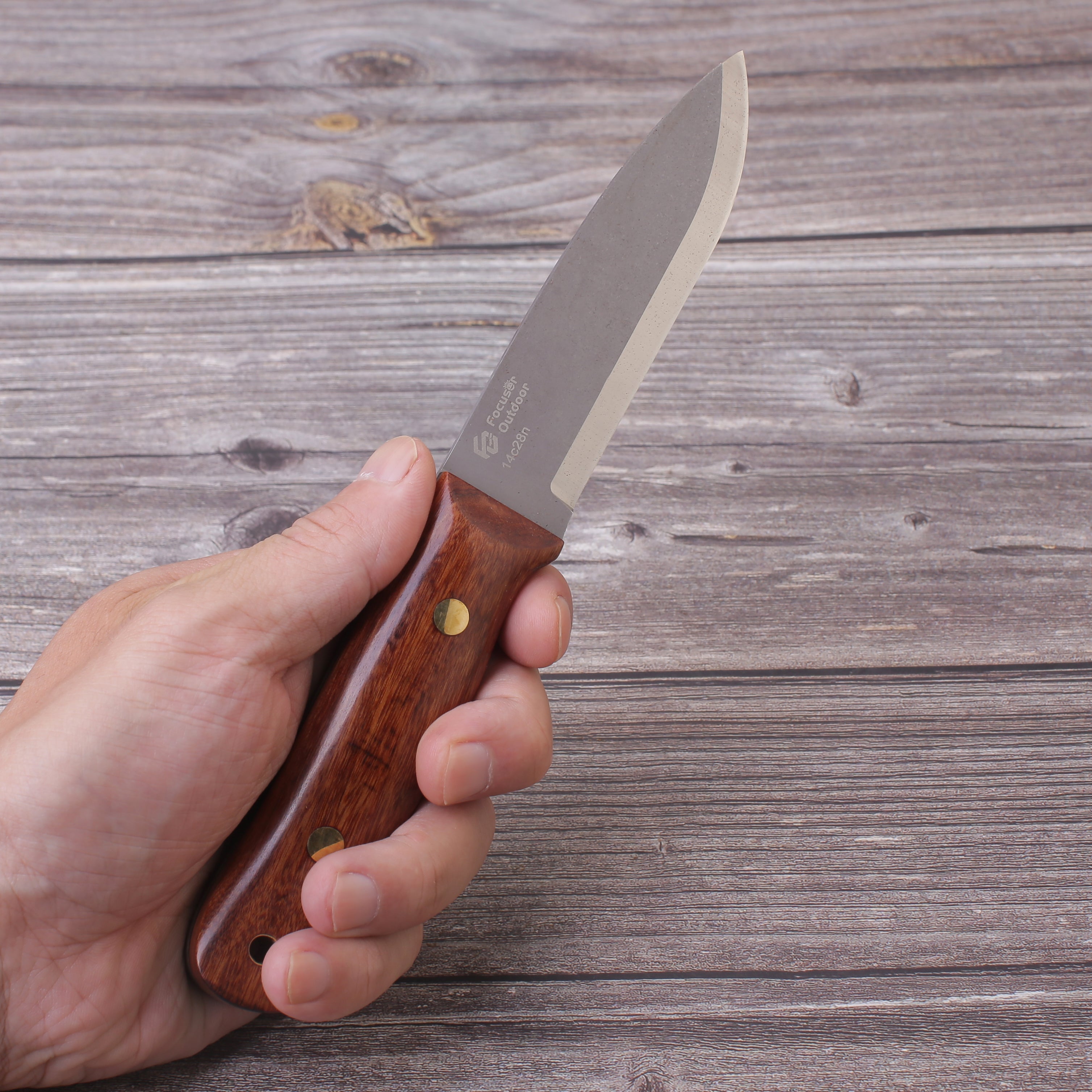 FC136 Wood Handle 14C28n Steel Bushcraft Knife With Leather Sheath